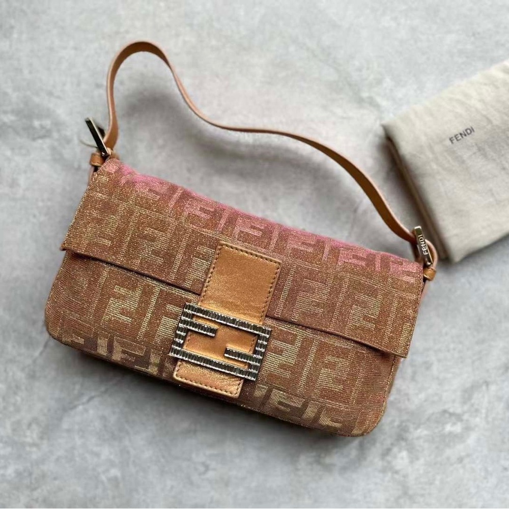 FENDI *Rare* Vintage Metallic Lurex Zucca Baguette Gold Orange Pink Iridescent
